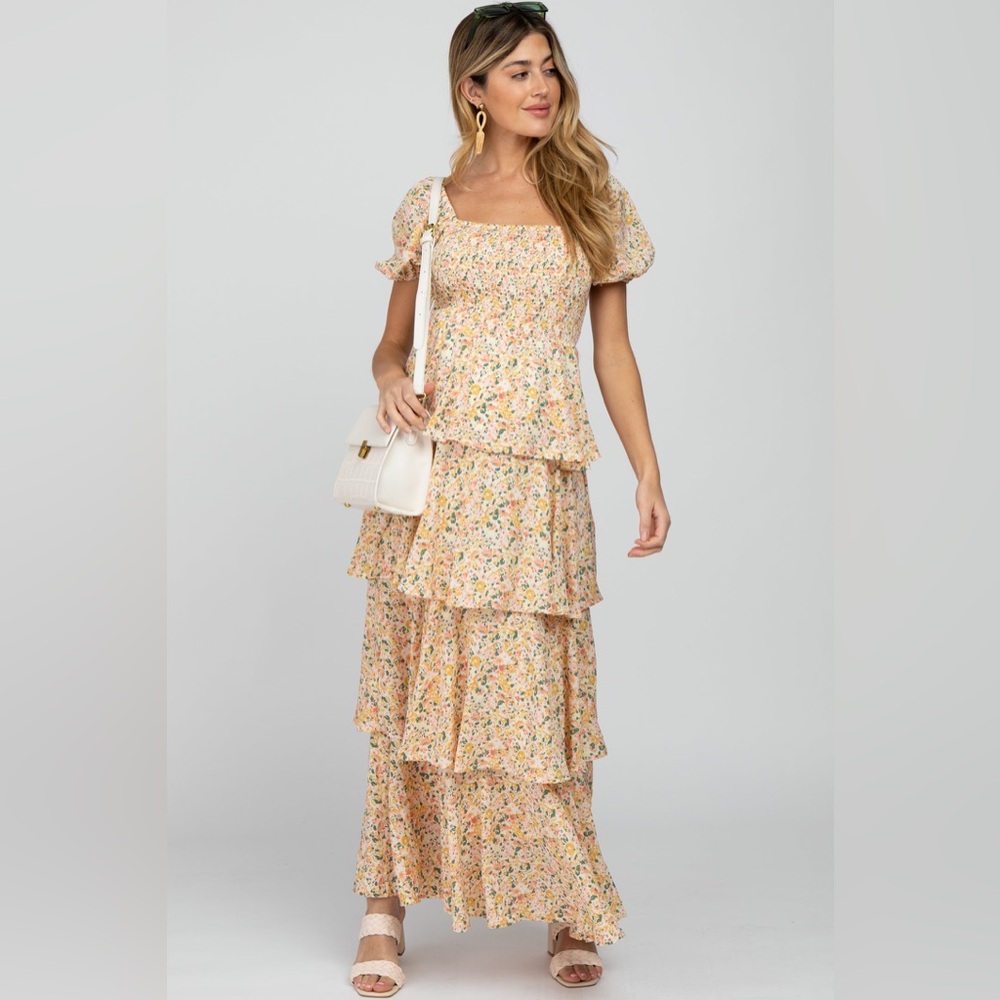 NWHT SOLD OUT PINKBLUSH Yellow Floral Square Neck Ruffle Layered Maternity Maxi - Picture 2 of 11